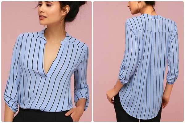 V-Sionary Black And Light Blue Striped Top: